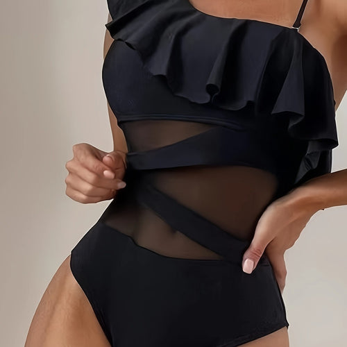 Dame one-piece badesuit med asymmetrisk ruffles design og elegante cut-out detaljer Skovae