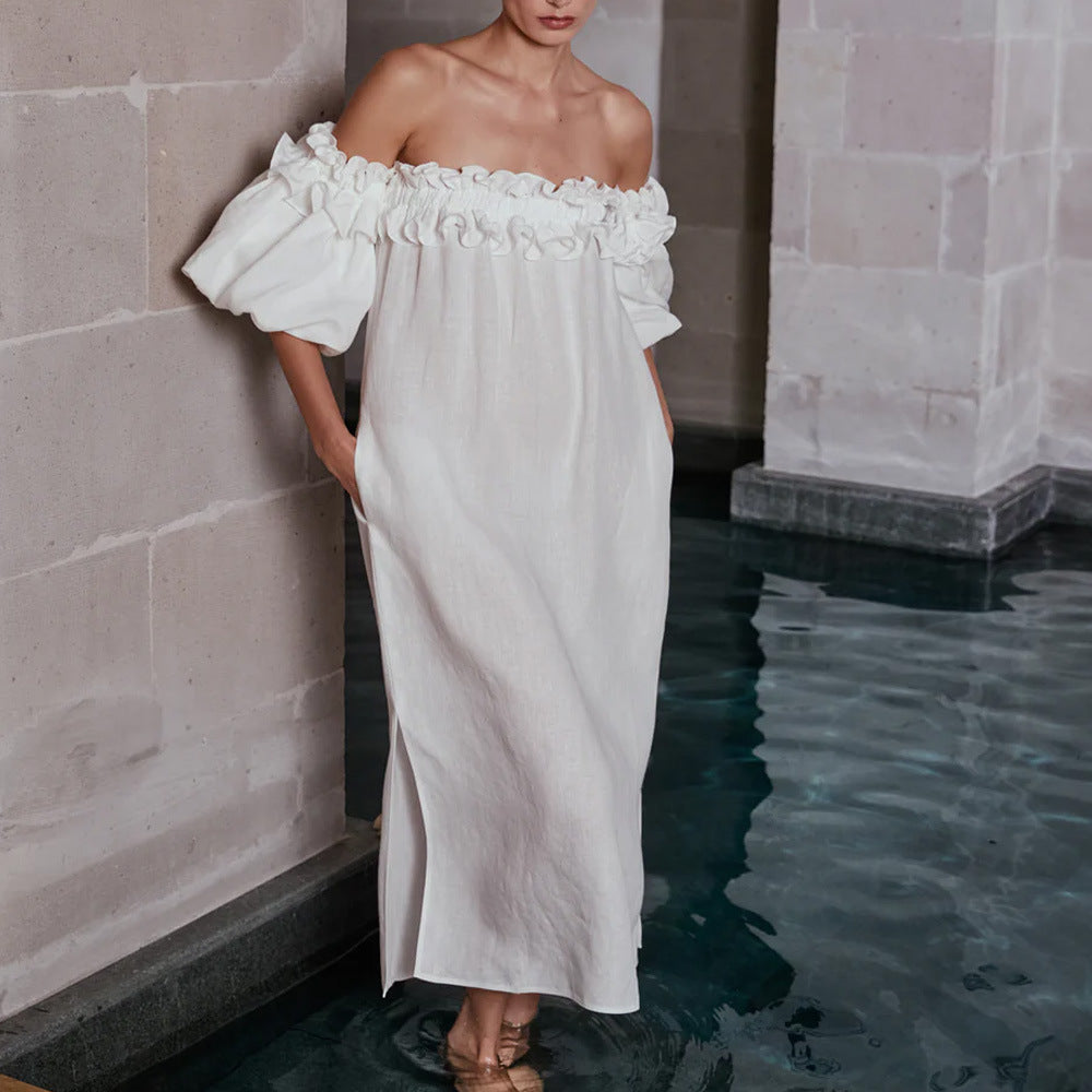 Dame Off-Shoulder Sommerkjole med Flæse Detaljer Stilla