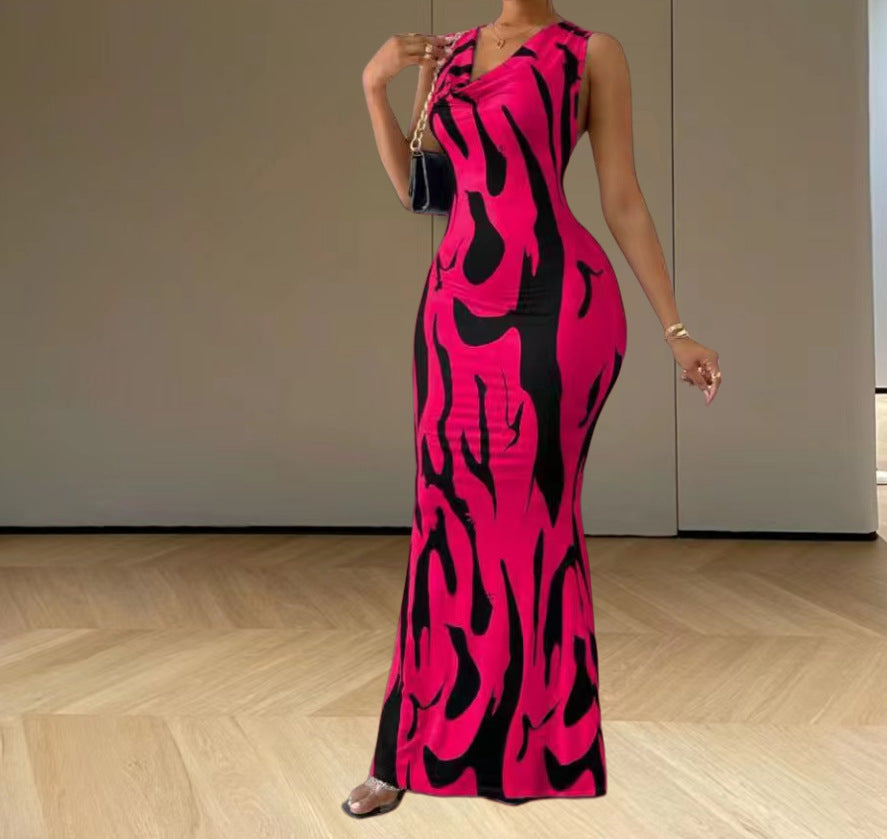 Kvinder elegant maxi kjole med figursyet snit og trendy mønster