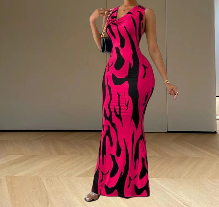 Kvinder elegant maxi kjole med figursyet snit og trendy mønster