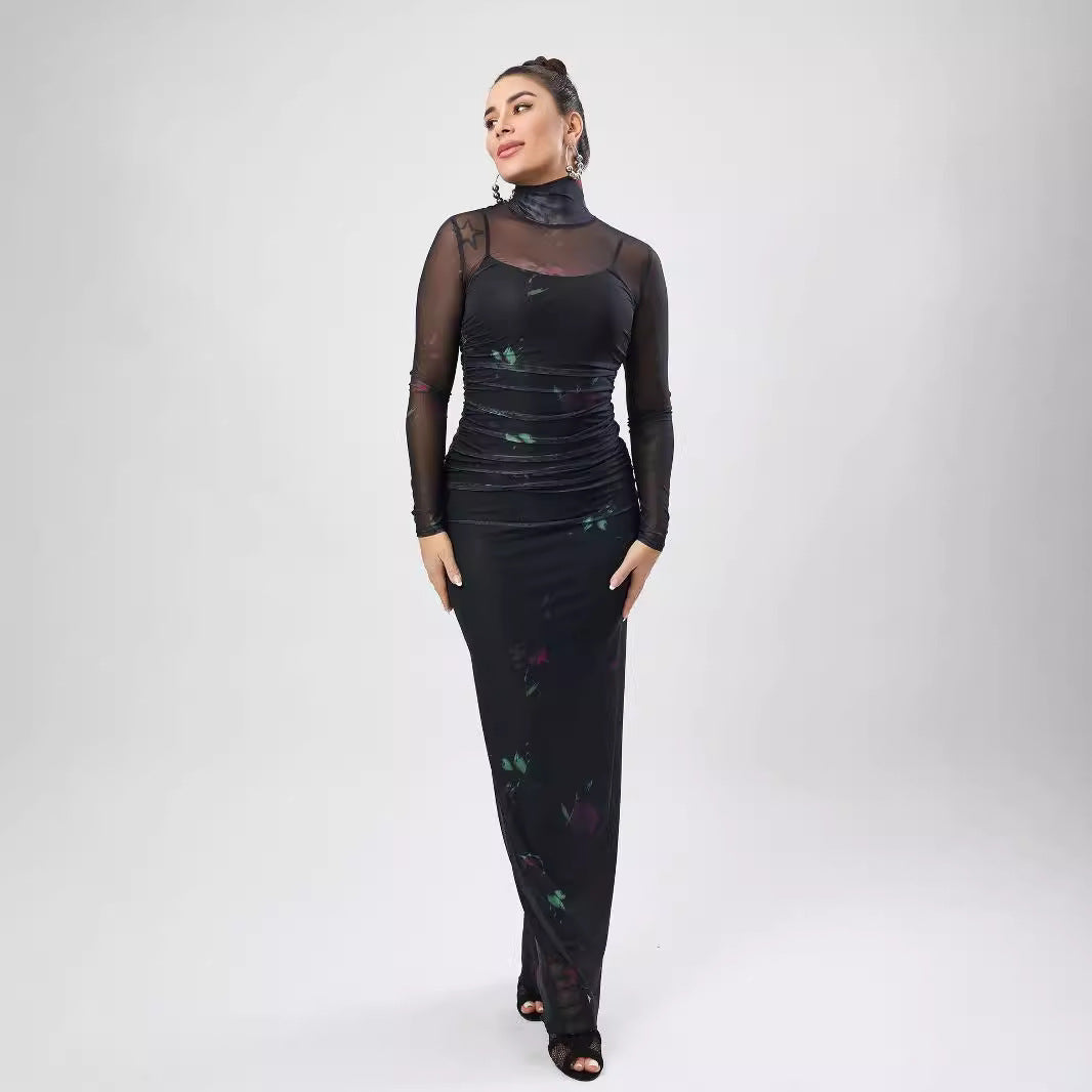 Dame Elegant Maxikjole med transparente ærmer og floraltryk Stilla