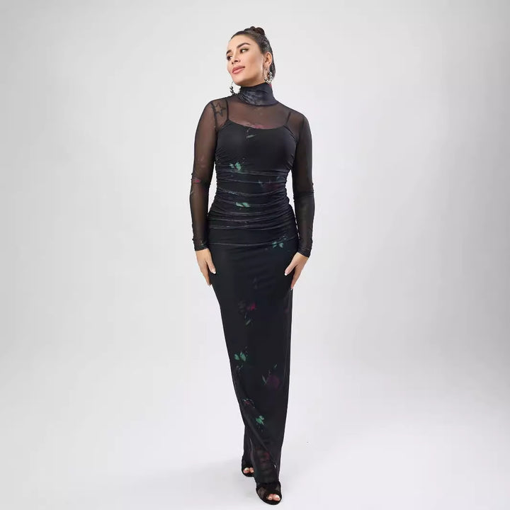 Dame Elegant Maxikjole med transparente ærmer og floraltryk Stilla