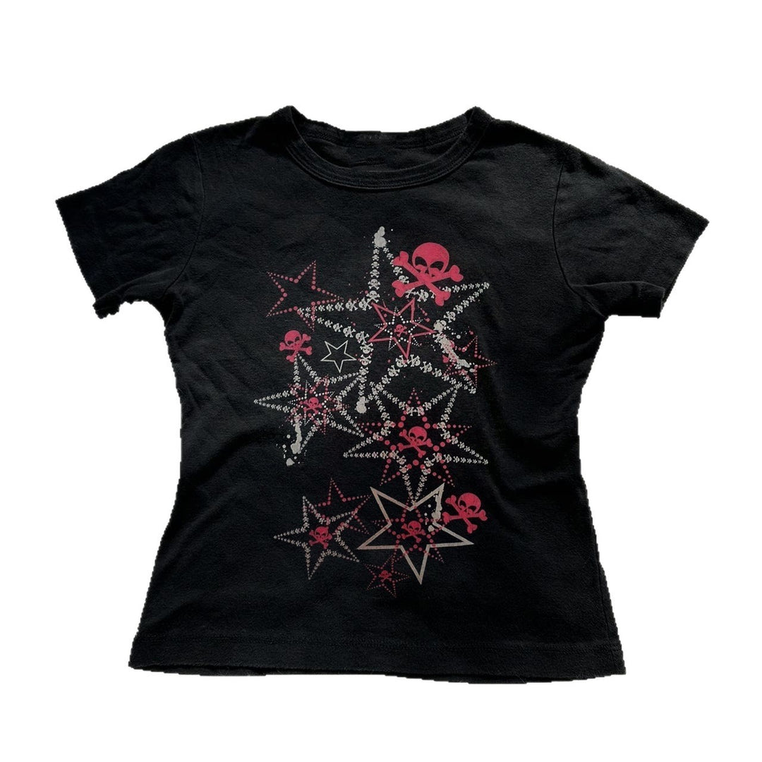 Dame T-shirt med kreativt skull-design og iøjnefaldende stjerne-print Skovae
