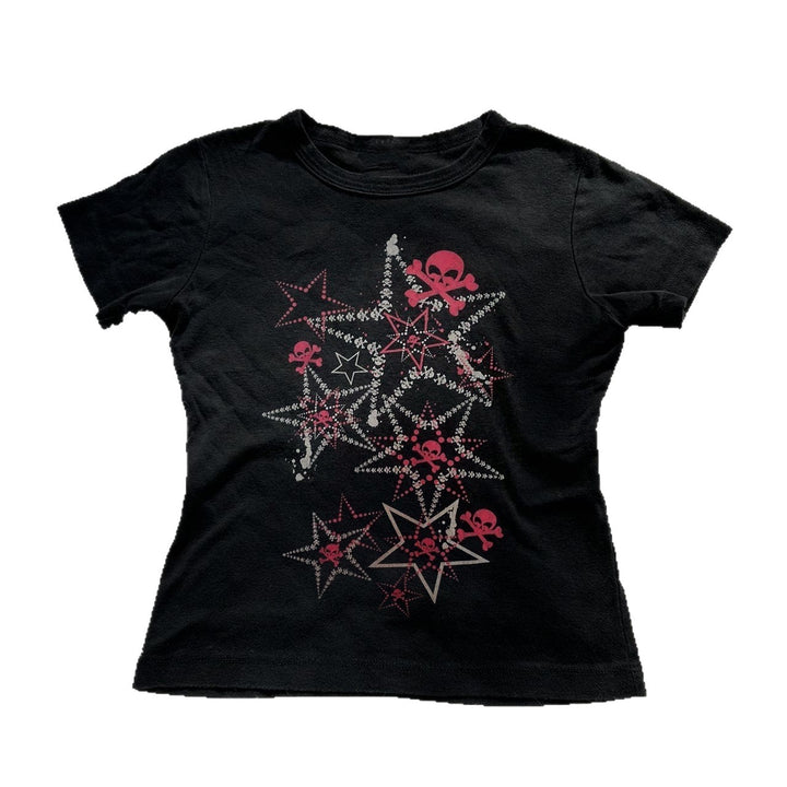 Dame T-shirt med kreativt skull-design og iøjnefaldende stjerne-print Skovae