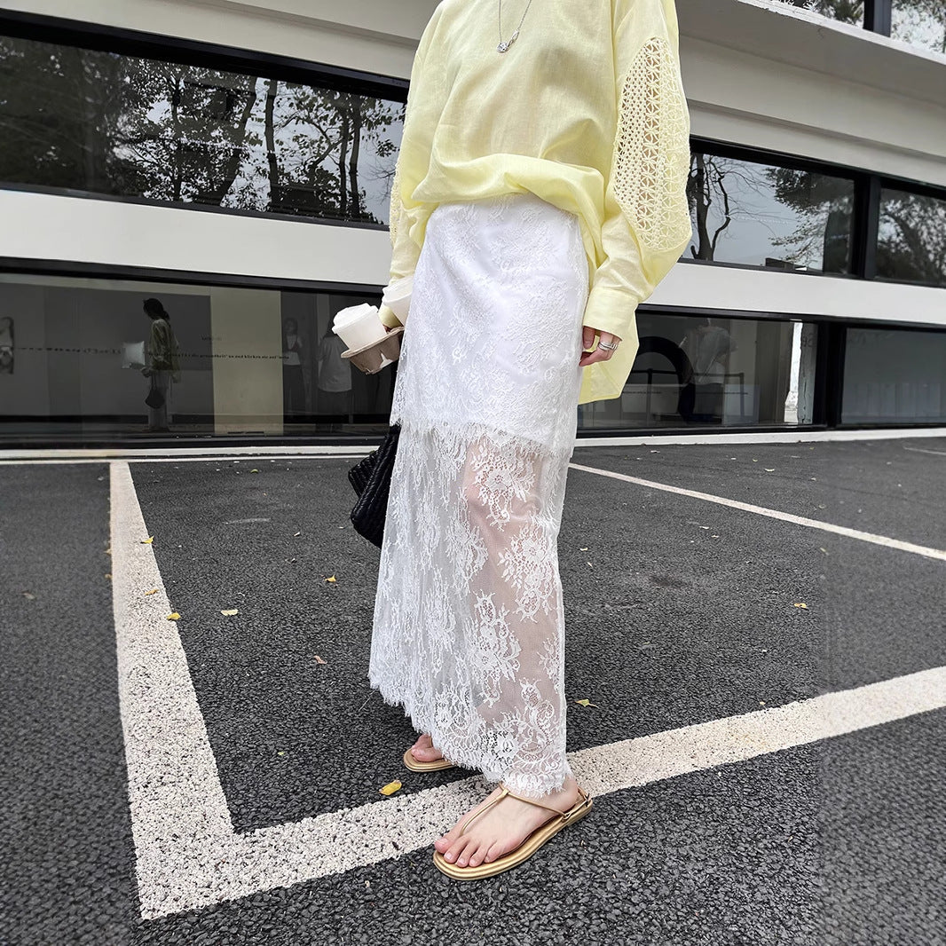 Dame spidstrømpe med gennemsigtig lacing-kant og elegant design Stilla