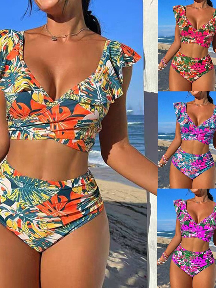 Høj taljeret dame bikini sæt med flæseprint Stilla