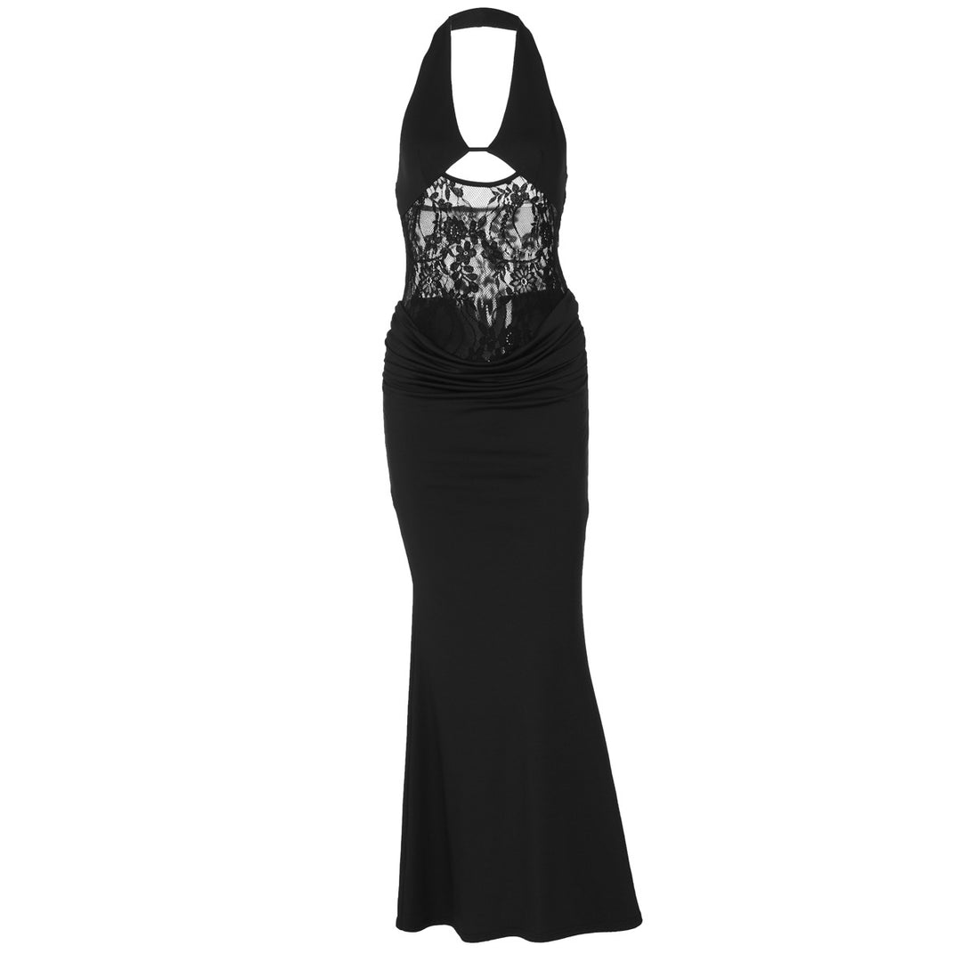 Dame Elegant Maxikjole med Halterneck, Spidsdekorasjon og Figurtilpasset Snit Skovae