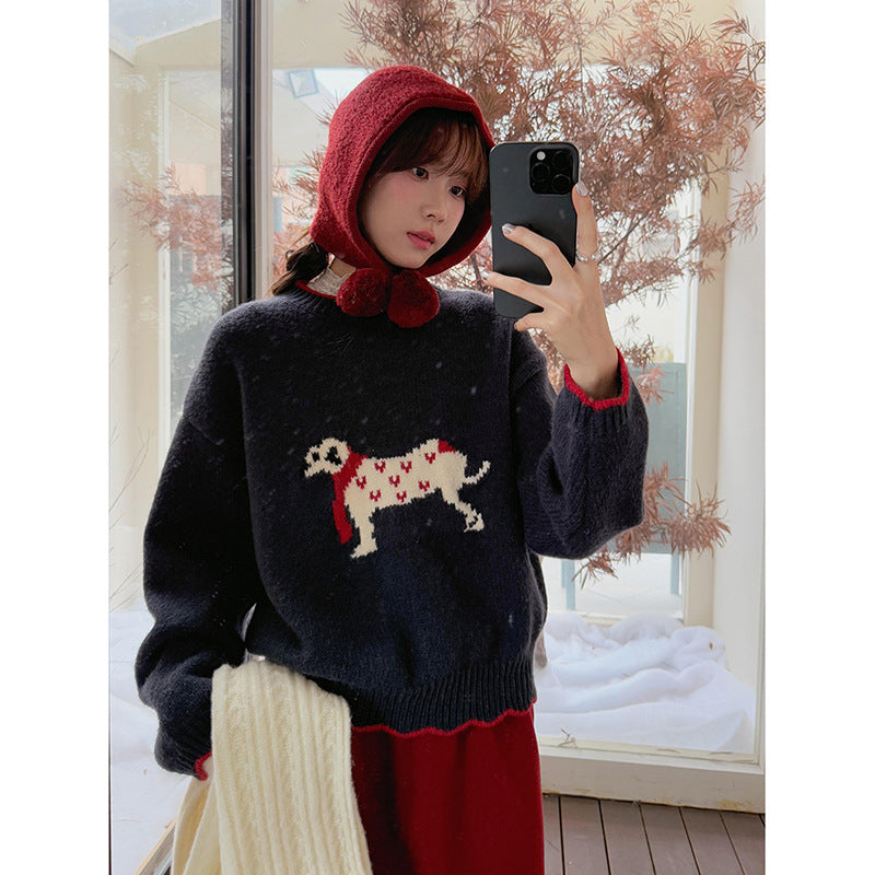 Dame hyggelig sweater med filigranmæssigt hundemotiv og elastisk talje Stilla