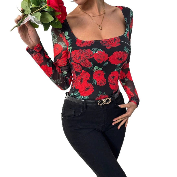 Dame nan figurnær Stretchshirt med kvadratiskudskæring, fin meshstruktur og stort rosenprint Skovae