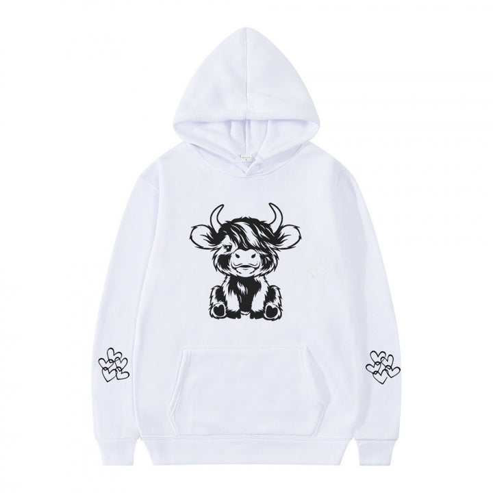 Kvindernes hætte sweatshirt med charmerende kvægmotiv og praktiske kængurulommer Skovae