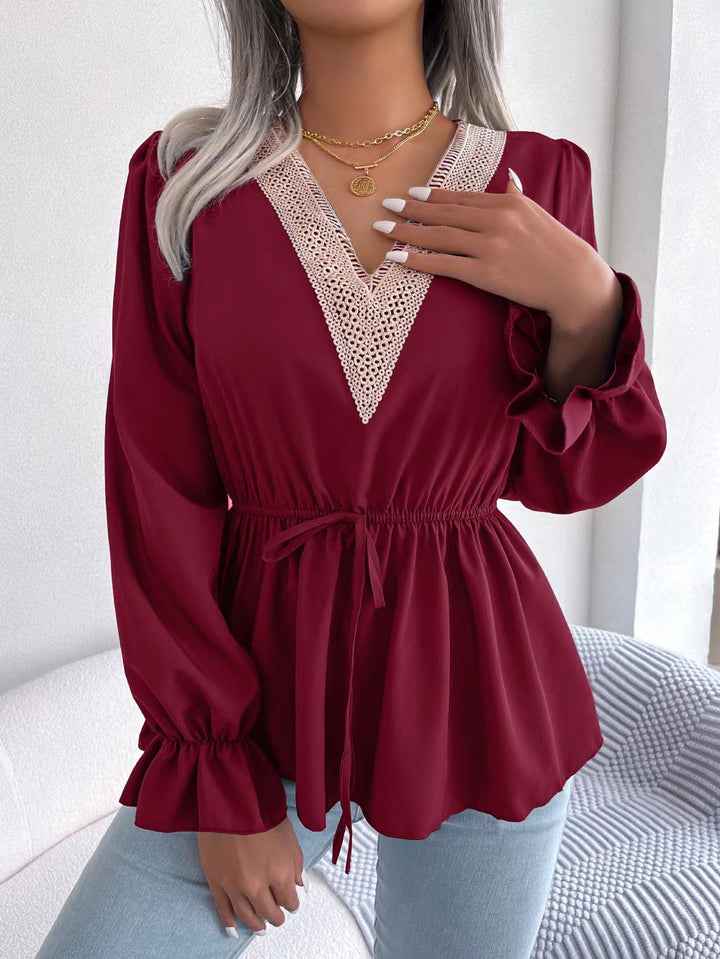 Dame elegant V-hals bluse med flæseærmer Stilla
