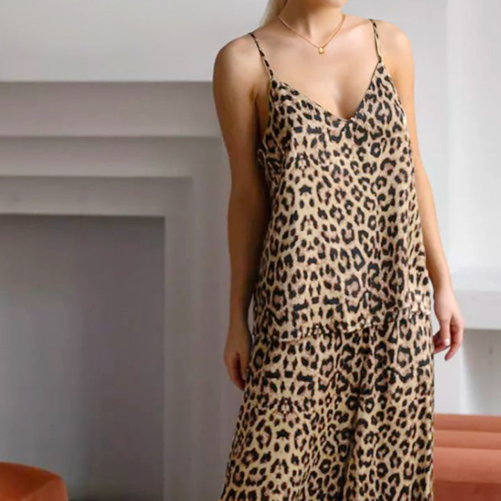 Dame sæt af trendy spaghetti-strop-top og bred maxi-nederdel i leopardmønster Stilla