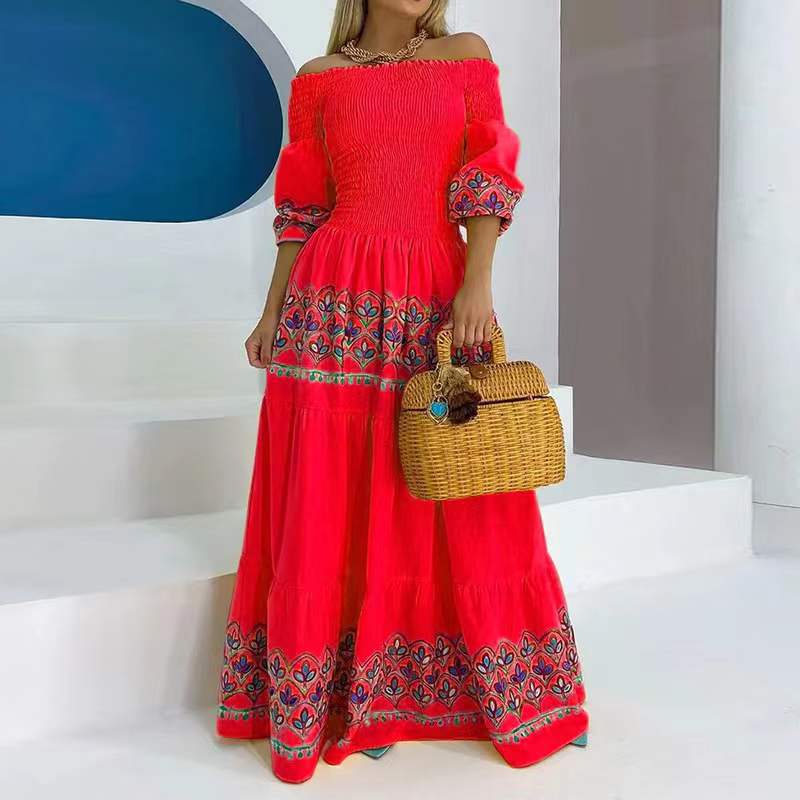 Kvinders Boho Maxi Kjole med Off-the-Shoulder Design og Legendes Broderi Detalje