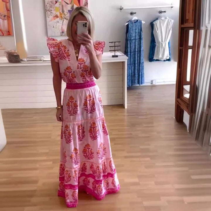 Dame Maxikjole med blomsterdesign og flæsedetaljer Stilla