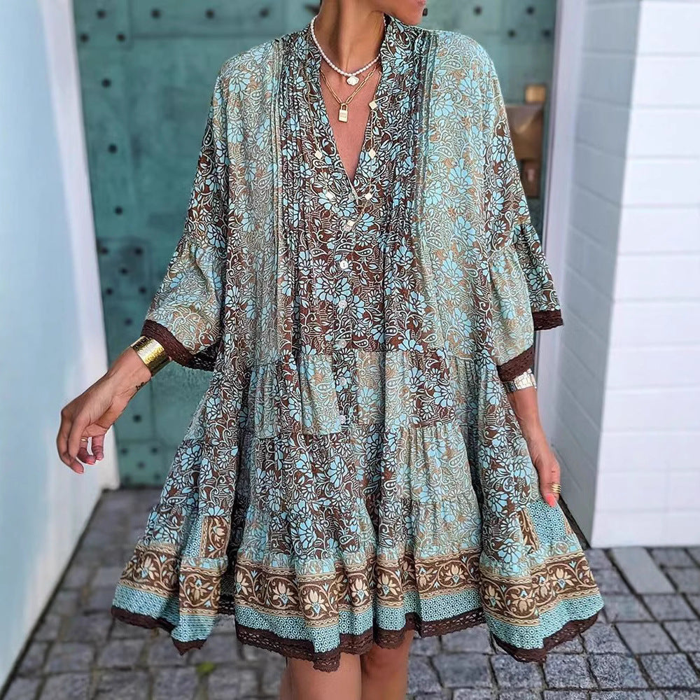 Dame luftig Boho-kjole med floral design og legende ruffle-elementer Stilla