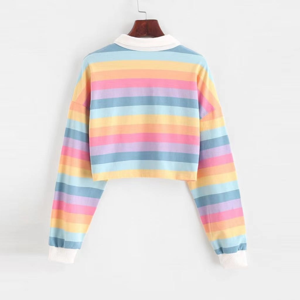 Kvinder Cropped Polo T-shirt med Farverige Striber og Løs Pasform Skovae