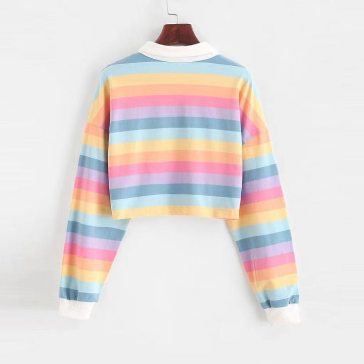 Kvinder Cropped Polo T-shirt med Farverige Striber og Løs Pasform Skovae