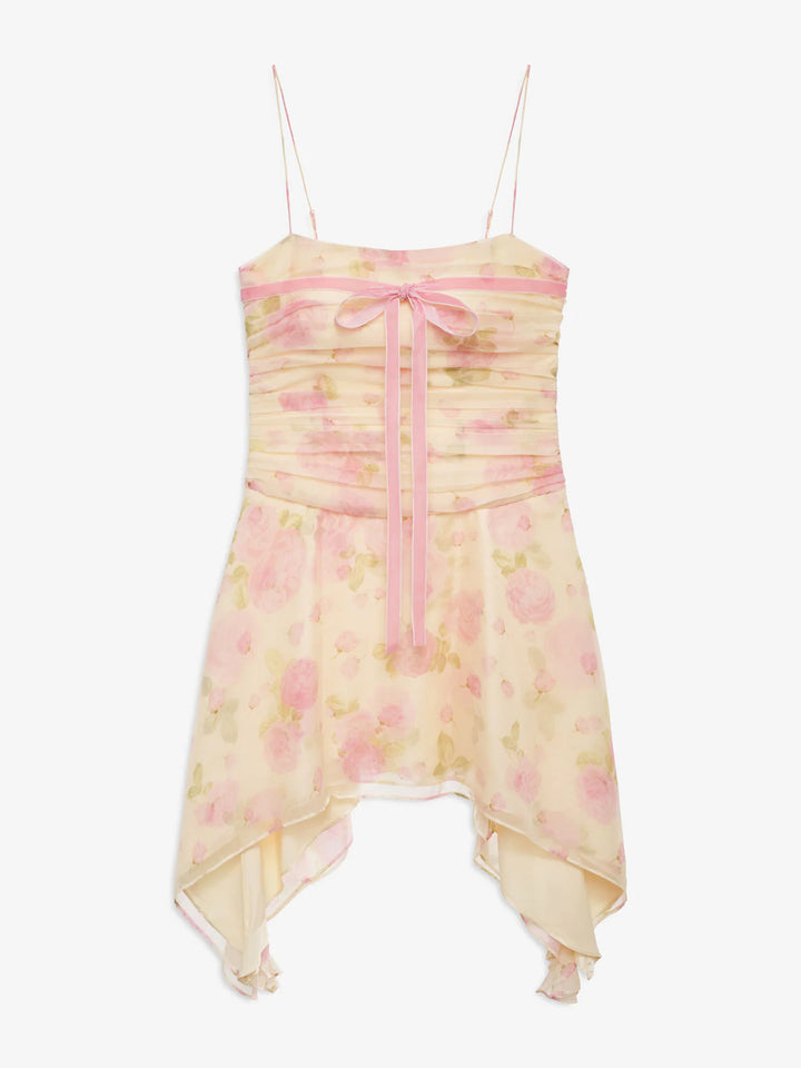 Dame mini kjole med blomsterprint, asymmetrisk kant og elegant samle