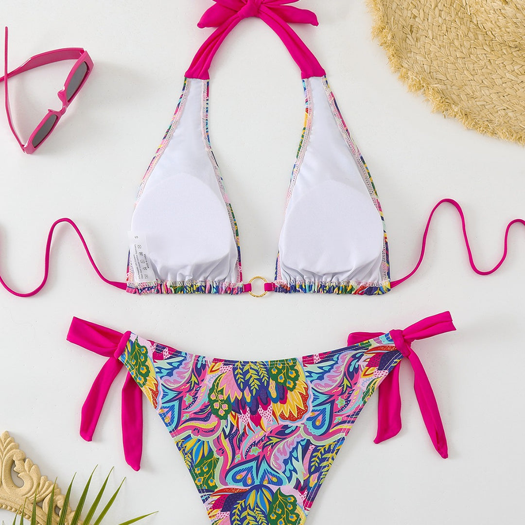 Dame TRIANGLE-bikini med fashionable bindebånd og iøjnefaldende mønstermix Skovae