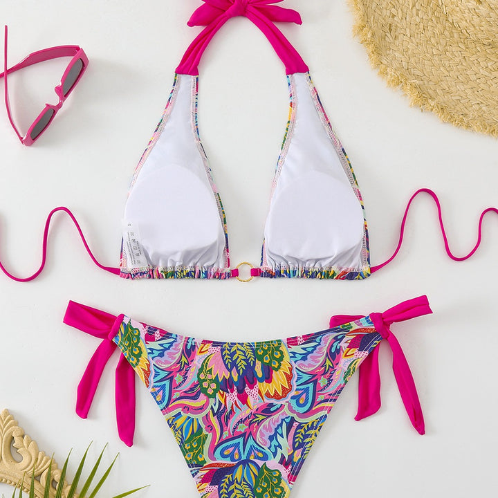 Dame TRIANGLE-bikini med fashionable bindebånd og iøjnefaldende mønstermix Skovae