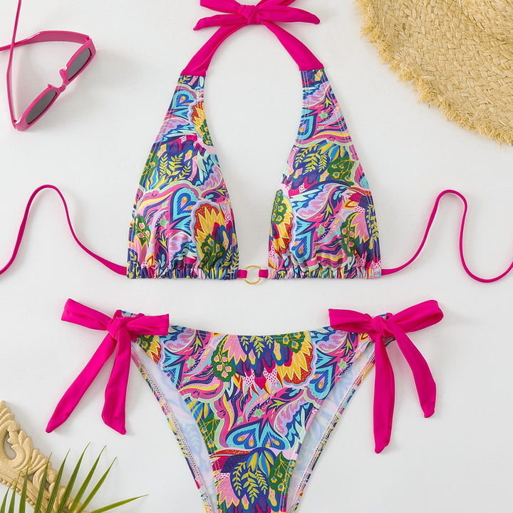 Dame Bikini-sæt med farverigt blomster-design og justerbare bindebånd Skovae