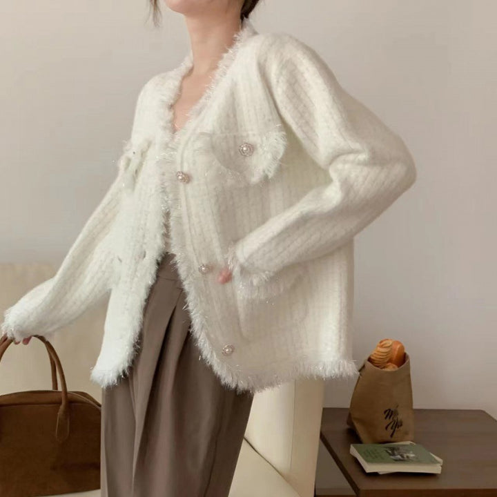 Kvinders cardigan med dekorative perler og frynset detaljer Stilla