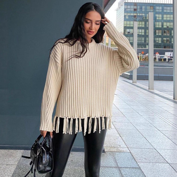 Kvinders casual strikket sweater med frynser og bred pasform Skovae