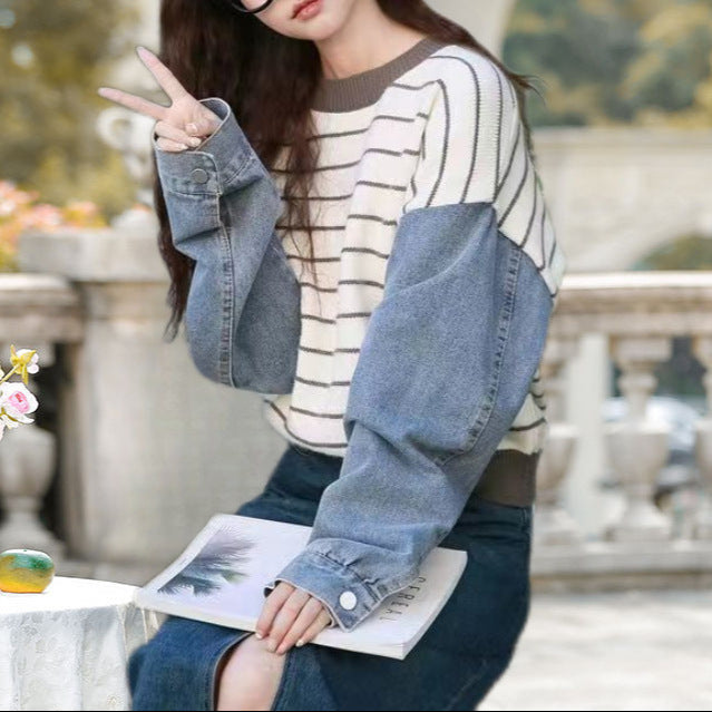 Dame mode sweater med denim ærmer Stilla