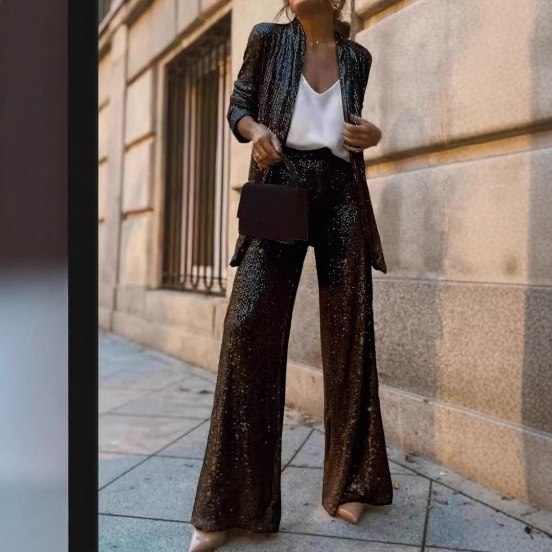 Dames Glitrende Blazer Sæt med Bred Ben og Glitrende Pailletter Stilla