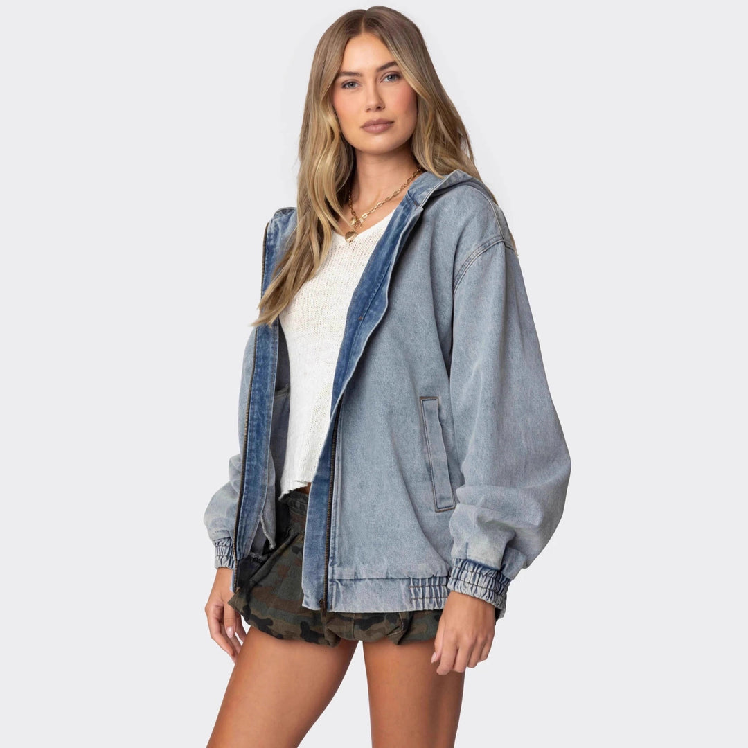 Dame Oversized Denimjakke med hætte og elastiske manchetter Skovae