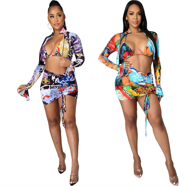 Dame Strand-outfit med kreativt print og asymmetrisk nederdel Stilla