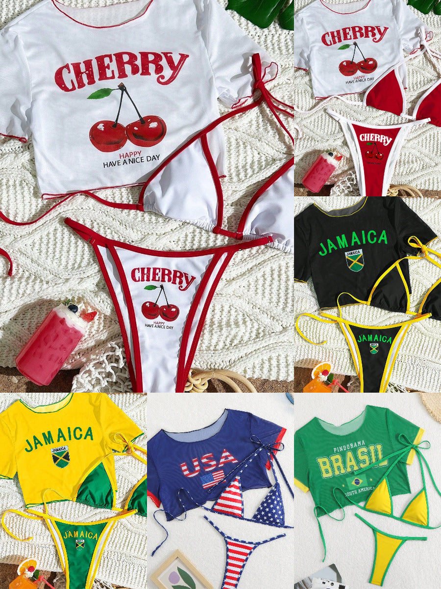 Dame bikini sæt med kreativt kirsebærmotiv Skovae