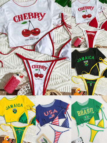 Dame bikini sæt med kreativt kirsebærmotiv Skovae