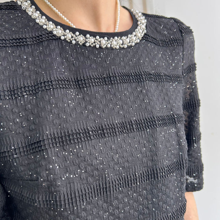 Dame Elegant Bluse med perleprydet krave og struktureret mønster Stilla