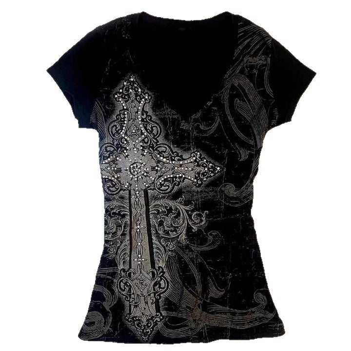 Dame T-shirt med detaljeret korsdesign og rhinestone-accents Skovae