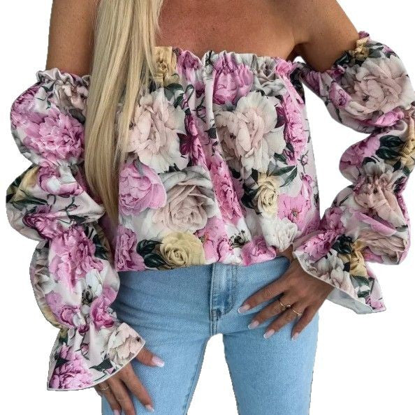 Dame Off-Shoulder Bluse med elastiske puffærmer og floraltryk Stilla