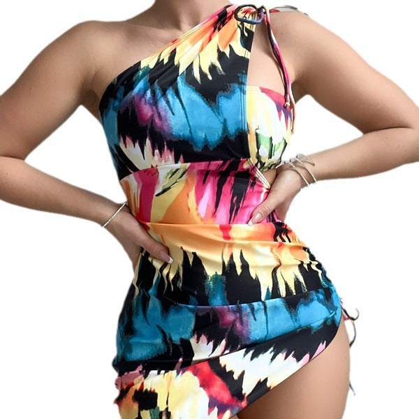 Dame One-Shoulder Strandkjole med justerbar rynkning Stilla