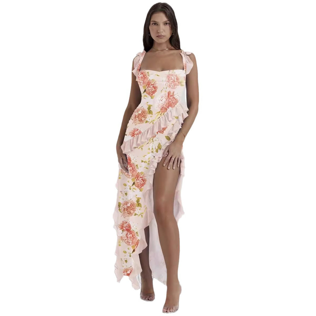 Kvindernes elegante asymmetrisk kjole med ruffle detaljer og blomster mønster Stilla
