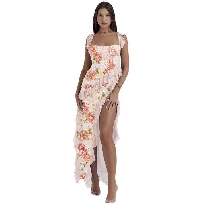 Kvindernes elegante asymmetrisk kjole med ruffle detaljer og blomster mønster Stilla