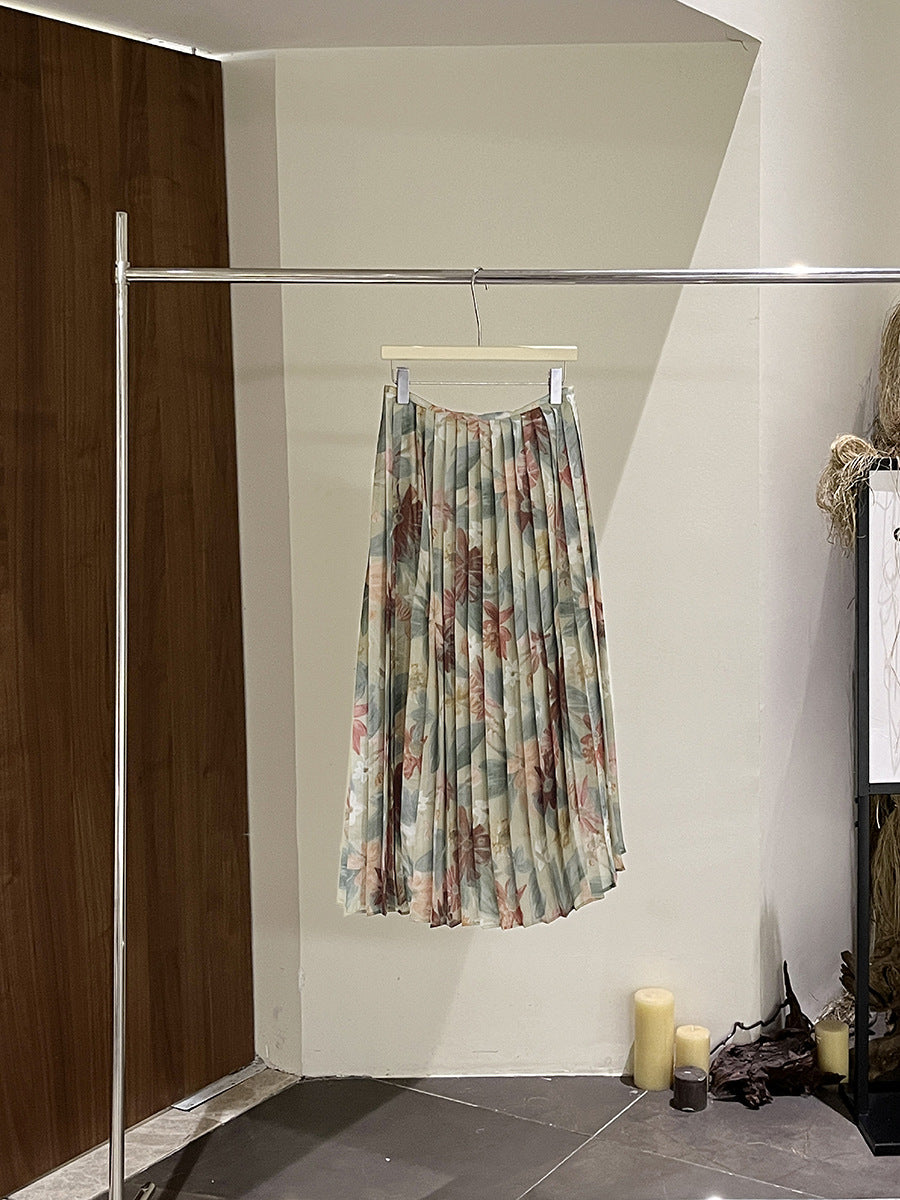 Dame Plisse-Maxiskørt med blomsterprint og elastisk talje Stilla