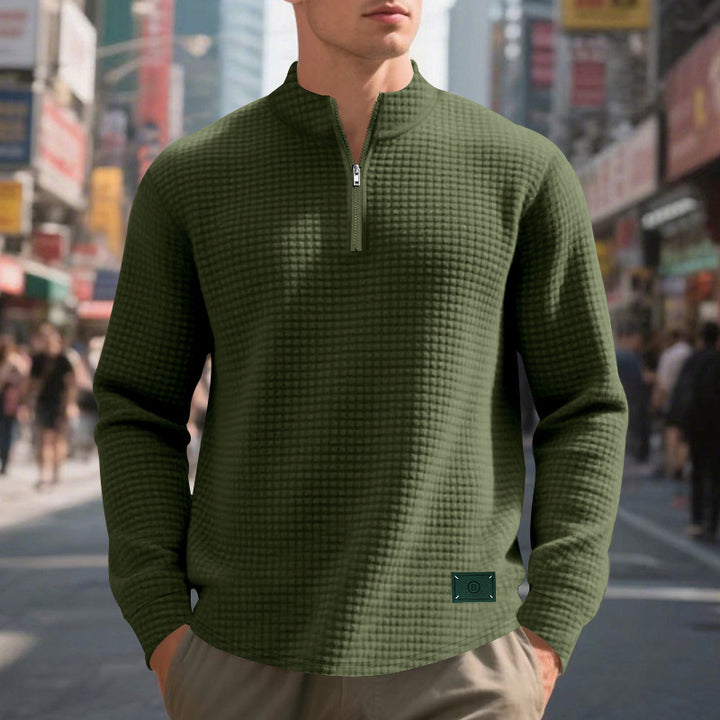 Herren nan lette vaffelstrik pullover med kort krave lynlås og rundet kant Skovae