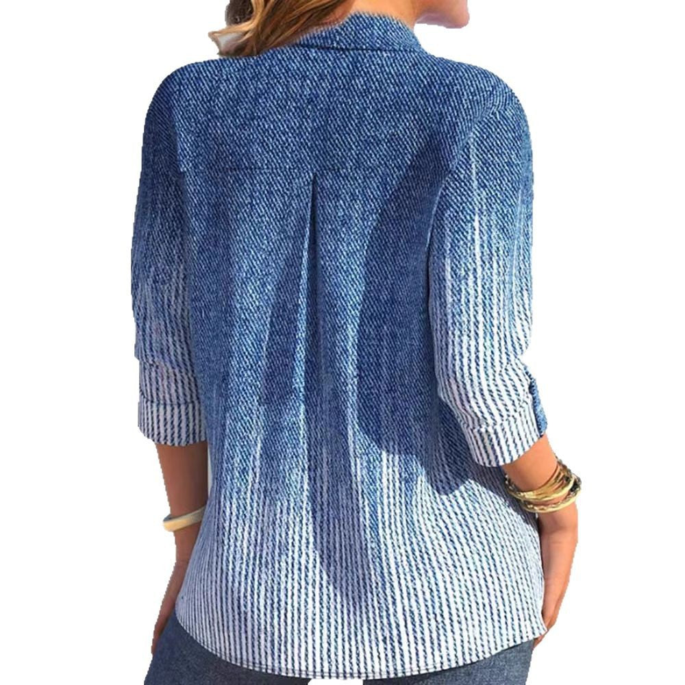 Dame skjorte i moderne denim-stil med fint stribemønster og påsyet brystlomme Stilla
