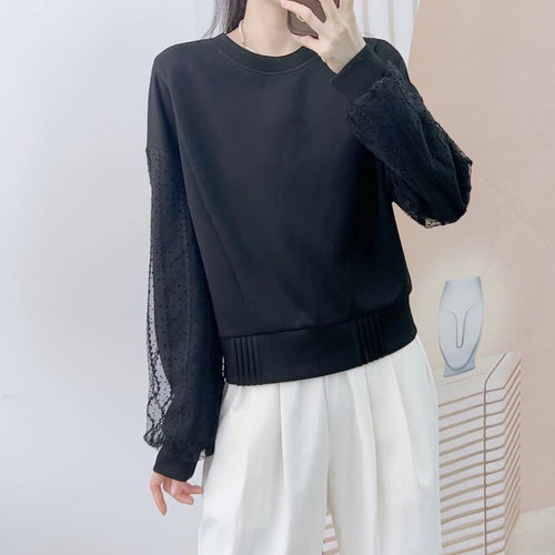 Dame sweatshirt med fine spidsede detaljer og elegant bånd Stilla