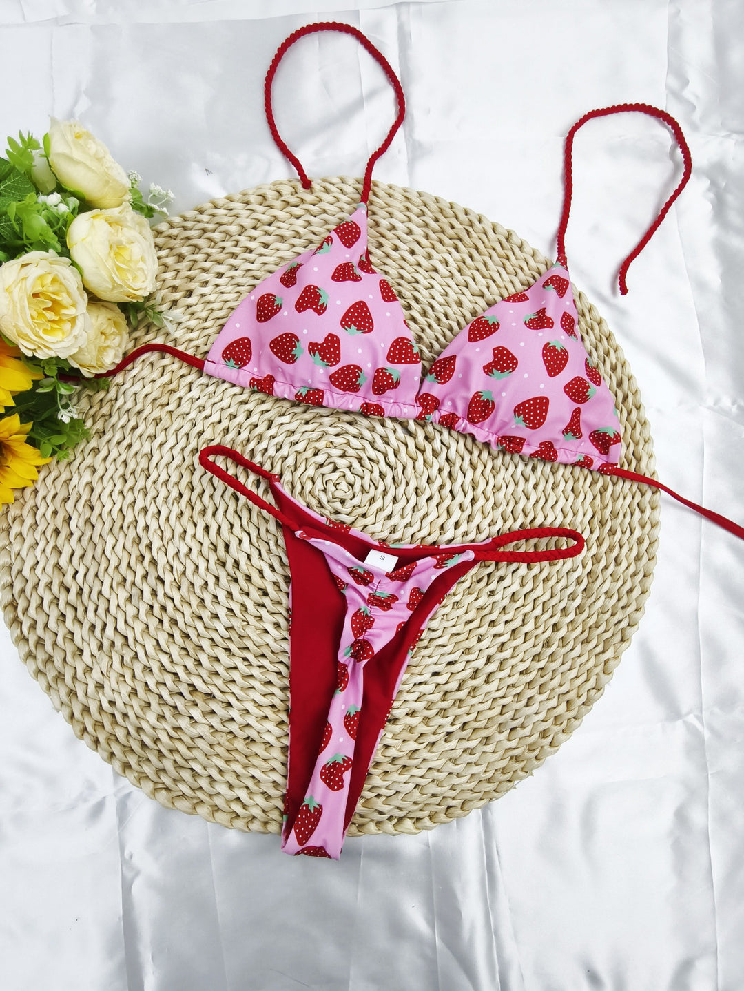 Dame triangulært bikini-sæt med muntert kirsebærmønster og justerbare stropper Skovae