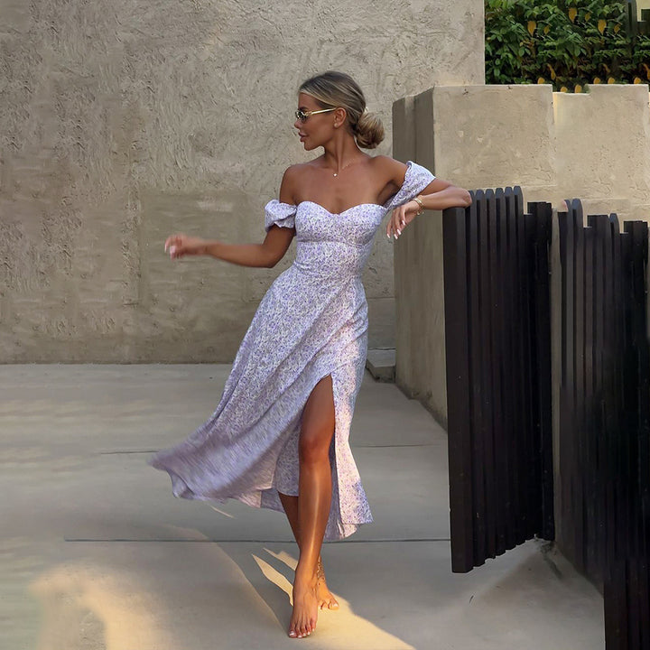 Dame Elegante Off-Shoulder Maxikjole med Rüscher og Sideslids Stilla