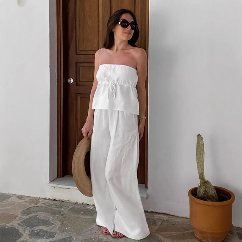 Dame To-delt Linnedress med off-shoulder Top og brede Bukser Stilla