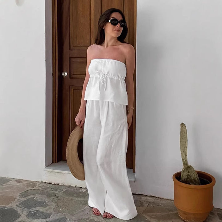 Dame To-delt Linnedress med off-shoulder Top og brede Bukser Stilla