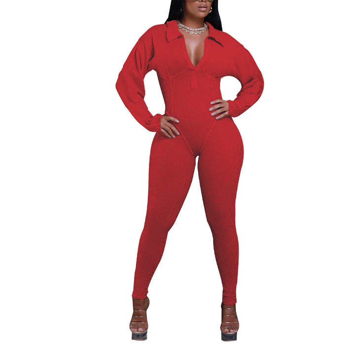 Dame figursyet jumpsuit med elegant krave og longsleeve Stilla