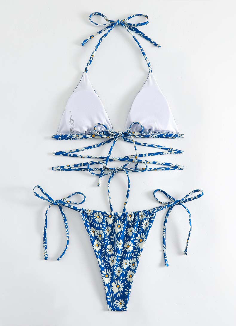 Femme Daisy Print Trekant-Bikini-Sæt med justerbare Bindebånd Stilla