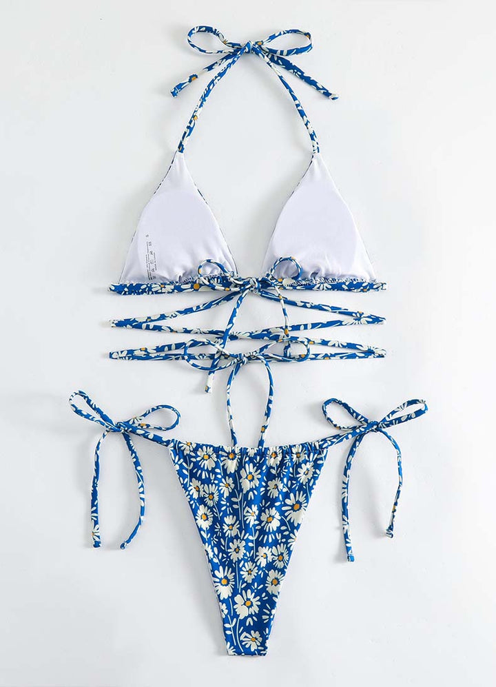 Femme Daisy Print Trekant-Bikini-Sæt med justerbare Bindebånd Stilla